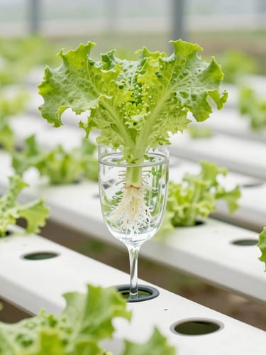 Crisp natural daylight greenhouse, clean white hydroponic channels with vibrant green lettuce roots suspended in pure flowing water, bright agricultural technology photography