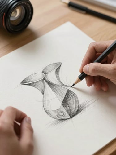 Close-up of hands sketching organic geometric shapes on heavy textured cotton paper with a graphite pencil, soft morning daylight casting gentle shadows, clean wooden desk background.