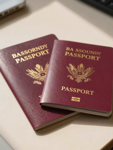 A close-up of a neatly organized citizenship certificate and passport on a warm cream desk under soft natural window light, casting realistic shadows.