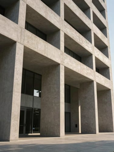 A sharp wide-angle architectural shot of a modern embassy facade, clean geometric concrete lines, natural morning side-light with long crisp shadows.