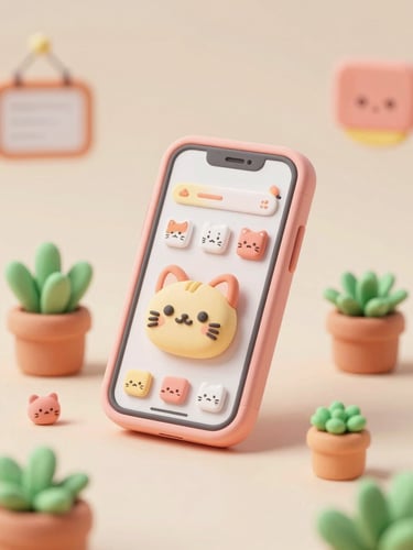 Cute 3D clay illustration of a cozy desk setup with a pastel pink smartphone showing a friendly cat interface, surrounded by miniature clay plants and warm lighting