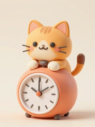 Cute 3D claymorphic orange cat sitting happily on a giant pastel Pomodoro timer, bright studio lighting, playful, soft cream background