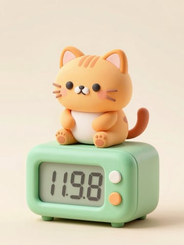 Cute 3D clay illustration of a round orange cat sitting on a giant pastel green digital timer, soft studio lighting, cream background