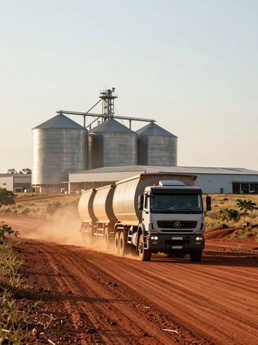 Environmental wide shot of a grain truck convoy on a red-dirt road approaching a large silo complex in the Cerrado region of Goiás, late afternoon natural light, dust rising behind the last truck, facility loading bays visible in the middle ground, expansive sky above