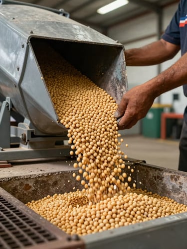 Close-up of a worker's hands operating a grain auger intake at a receiving station in Goiás, loose soybean kernels cascading into the pit under overhead warehouse lighting, concrete floor and steel grating visible in the foreground