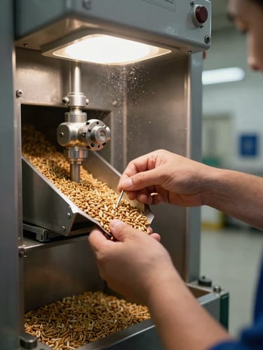 Close-up of an operator's hands adjusting a grain sample collection valve at an elevator weighing station, industrial overhead facility lighting, metal equipment surface in sharp focus, grain dust visible in the air, concrete floor below