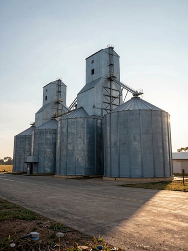 Wide environmental shot of a large grain elevator complex in the Brazilian cerrado, steel silos rising against a pale morning sky, access road visible at lower left, natural daylight from the north casting long shadows across the concrete apron
