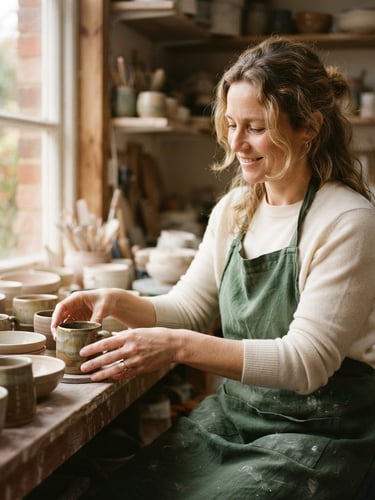 Warm portrait of a relaxed small business owner in a sunlit workshop, organizing physical items, soft focus on hands, 35mm film style.