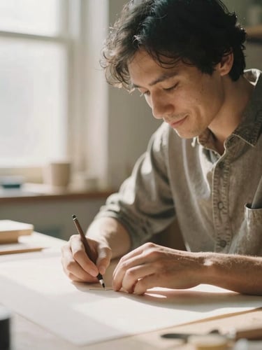 A small business owner in a sunlit workshop, hands working on a craft project, face relaxed and focused, shallow depth of field, warm editorial photography.