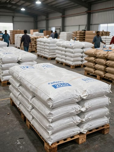 Wide shot of a Pakistani warehouse loading dock, rows of white 1-ton FIBC jumbo bags and 25kg 50kg kraft sacks stacked on pallets under tungsten warehouse light, workers in background moving product, industrial export scale visible