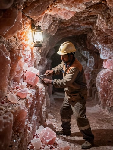 Close environmental shot inside Khewra salt mine tunnel, a Pakistani miner in hard hat and work clothes hand-cutting a pink salt crystal block from the tunnel wall using a chisel, warm amber lantern light casting long shadows on the rose-pink walls, salt dust visible in the air