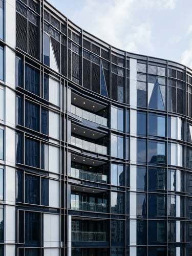 Abstract modern corporate architecture with steel and glass facade, sharp focus, clean office daylight, deep navy tones