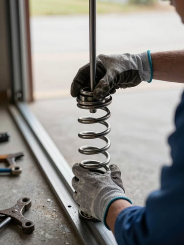 Close-up of a technician's gloved hands gripping a garage door torsion spring, natural daylight from an open garage bay, worn tools visible on the concrete floor beside the door track