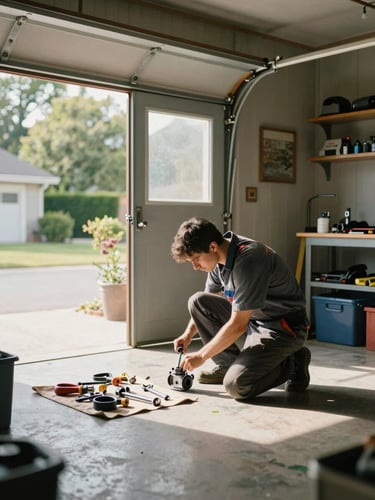 Wide shot of a residential garage interior, a technician crouched at the base of the door examining a bottom bracket with a wrench, natural daylight flooding in from the open driveway, assorted hand tools arranged on a drop cloth nearby