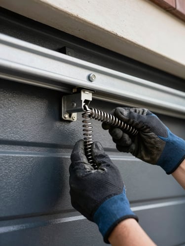 Close-up of gloved hands gripping a torsion spring on a residential garage door track, natural daylight filtering through an open garage bay, coiled steel in sharp focus against the dark door panel