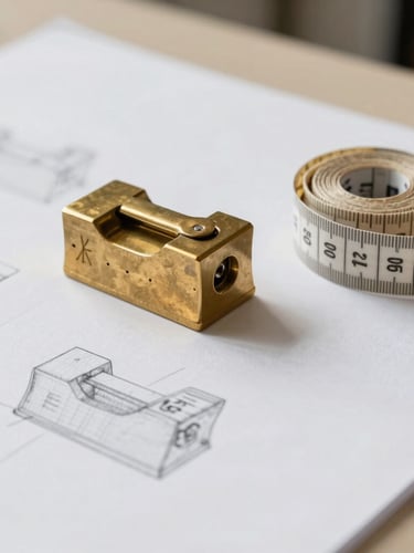 Minimalist studio table with raw pattern drafts, pencil markings, heavy brass paperweight, and a roll of natural cotton measuring tape, soft side lighting