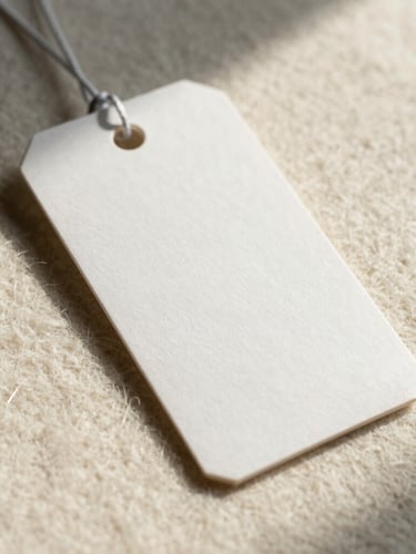 Extreme close-up of a heavy debossed paper hangtag resting on structured ivory wool fabric, soft natural side-light casting gentle shadows.