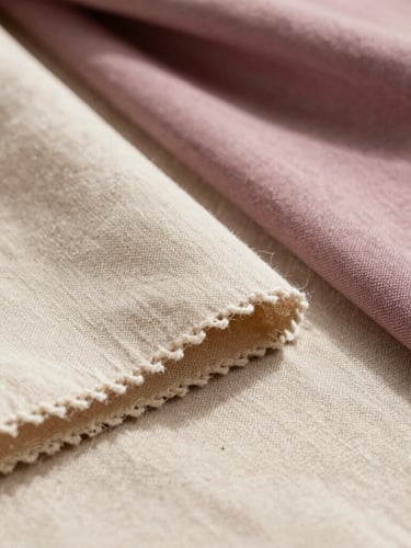 Extreme close-up of heavy linen textile swatches in champagne beige and mauve blush, soft natural morning daylight casting gentle shadows across raw edge threads.