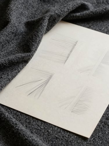 Diffused daylight illuminating raw pattern drafts with hand-drawn pencil markings on heavy cream paper, draped over a structured charcoal wool textile swatch.