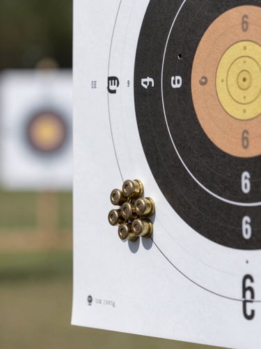 Extreme close-up from the right side of a competition target paper pinned to a backer, natural daylight, a tight five-shot group clustered near center visible in sharp detail, ragged edges of bullet holes crisp, range environment softly out of focus behind
