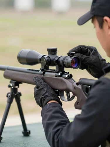 Close-frame documentary shot from the side, a competitor prone at the bench adjusting scope turret dials with gloved hands, rifle resting on bipod, natural daylight at an outdoor range, shallow depth of field emphasizing the scope adjustment