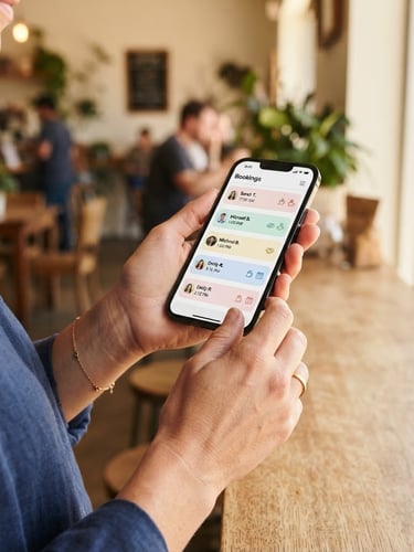 Hands of a local business owner holding a smartphone showing a clean mobile website with incoming booking notifications, warm natural daylight, professional photography