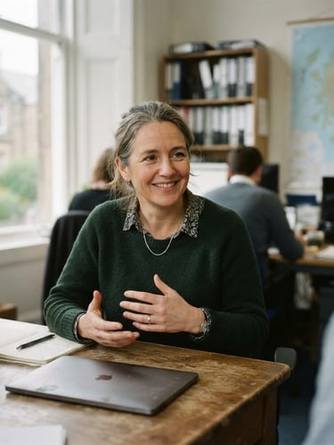 Approachable consultant in an Ayrshire office, soft overcast daylight through a window, shallow depth of field, 35mm