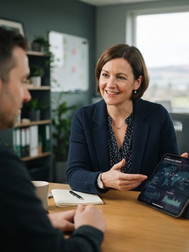 Approachable consultant sitting in a bright, natural-light Ayrshire office, discussing security on a tablet, soft overcast daylight, shallow depth of field, 35mm
