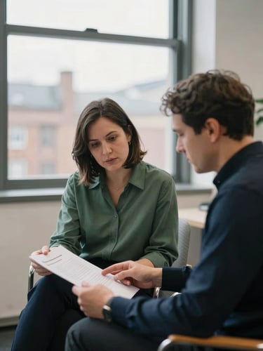 Approach-focused documentary photo of a technical advisor sitting with a charity director in a naturally lit Glasgow office, reviewing documents, soft overcast light, shallow depth of field, 35mm