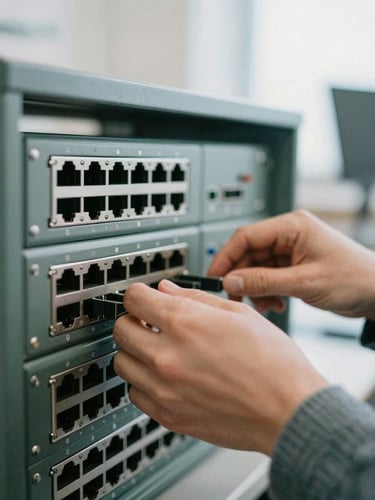 Close-up of hands working on a physical network switch in a bright, natural-light Ayrshire office, shallow depth of field