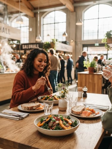 Warm editorial photography of a bustling modern food market hall with Scandinavian design, natural light streaming through high windows, soft focus on wooden tables and fresh plates