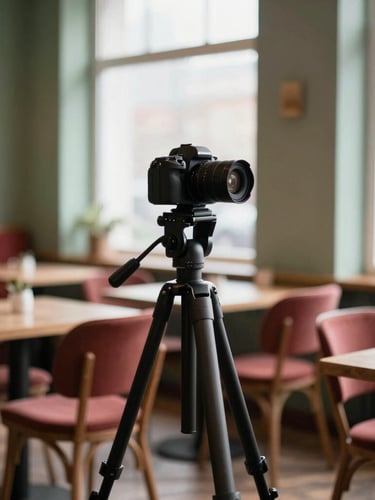 A professional camera on a tripod inside a bright Scandinavian style restaurant, soft natural light, cozy wooden chairs in background