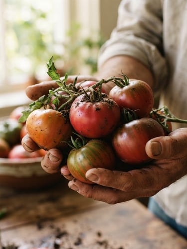 Hands holding freshly harvested organic heirloom tomatoes with soil on them, soft natural window light, 35mm photography, shallow depth of field