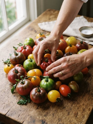 Hands arranging fresh heirloom tomatoes on a rustic wooden table, soft side window light, 35mm photography