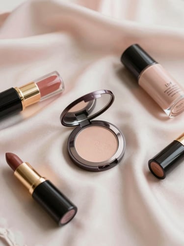 Elegant flat-lay of luxury cosmetics and silk fabric in pale pink and cream tones, soft morning light, shallow depth of field, 35mm