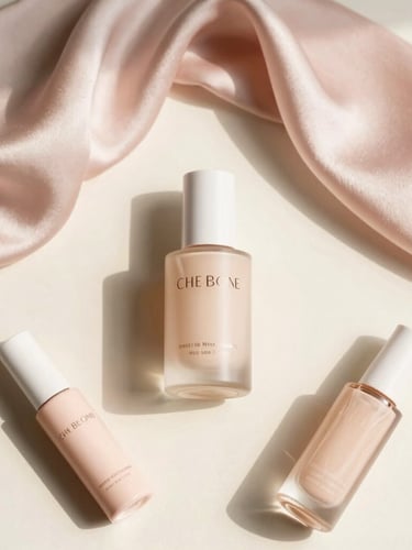 Editorial flat-lay of curated beauty products and elegant silk accessories on a cream background, soft morning light, 35mm