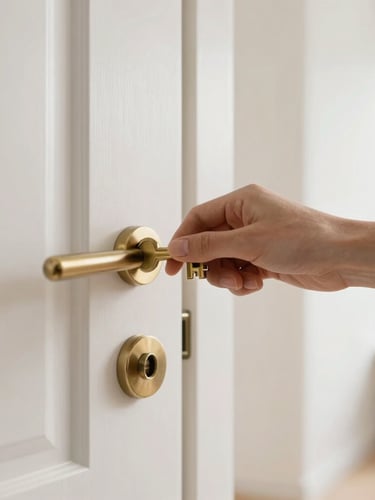 Close-up of a professional hand holding a brass mortice key next to a clean, modern apartment door, soft natural side lighting.