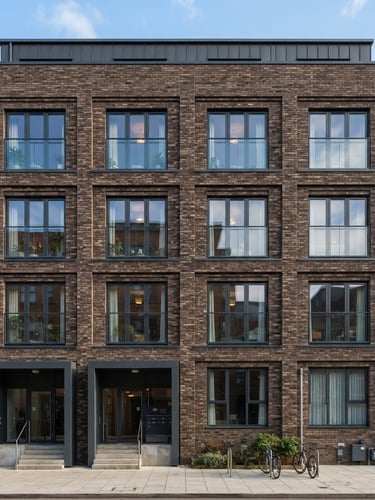 Straight-on architectural photograph of a modern brick residential facade in Manchester, bright natural daylight, clean lines, sharp focus.