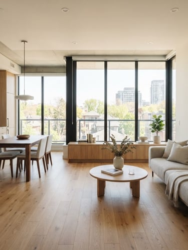 Straight-on architectural view of a bright, modern residential apartment interior, warm wooden floors, soft daylight streaming through large windows, sharp focus, 35mm lens