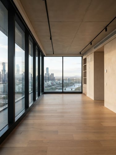 Wide architectural interior of a modern, minimalist living room with large windows, soft morning light, warm neutral tones, a view of a city skyline, 35mm lens. The room is unfurnished, showcasing the finishes.