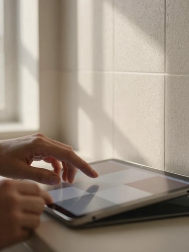 Close-up macro detail of hands interacting with digital material samples on a tablet, showing a tile texture change on a virtual wall, soft natural light, warm minimalist tones, 35mm lens.