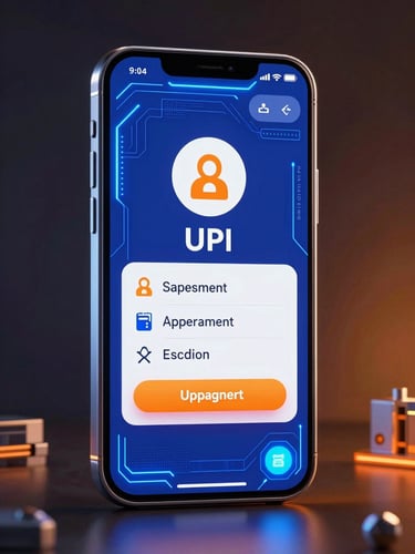 Vibrant digital 3D render of a mobile screen showing a successful UPI payment transfer, neon cybernetic lighting, electric blue and saffron tones, ultra-detailed tech aesthetic