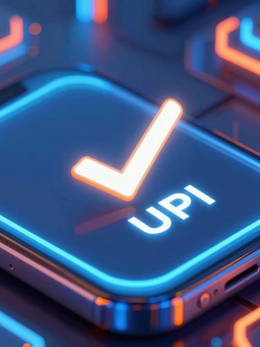 Dynamic macro shot of a smartphone screen showing a successful UPI payment checkmark, neon cybernetic lighting, electric blue and saffron tones, ultra-detailed tech aesthetic