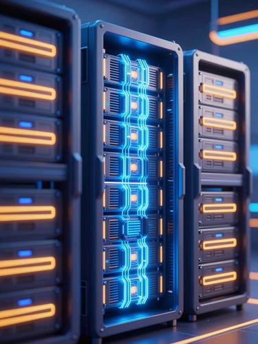 Vibrant digital 3D render of neon cybernetic server racks, electric blue and saffron lighting, high-speed data packets flowing, ultra-detailed tech aesthetic