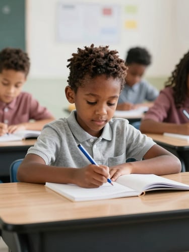 Close-up, slightly left-framed: a young child of about four leaning forward at a low wooden table, listening intently to an off-camera teacher, natural north-facing classroom light falling across the child's face, pencil held mid-air, expression concentrated and still — no smile, no camera awareness