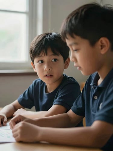 Documentary close-up of two young children seated at a low table, one listening intently to the other who is speaking, natural window light from the left, hands resting on a shared learning object, faces in three-quarter profile — no posed smiles