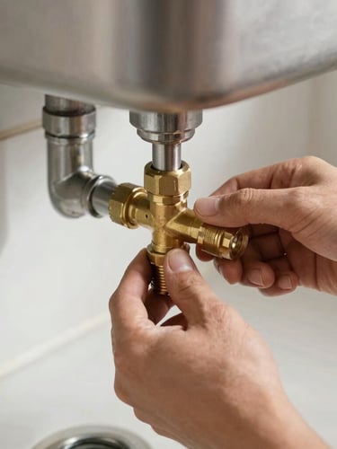 Close-up action shot of a plumber's hands tightening a brass pipe joint under a kitchen sink, natural daylight, sharp focus, 35mm lens.