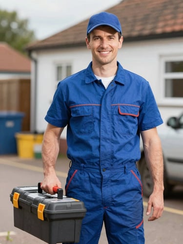 A professional, friendly portrait of a local Leicester plumber in clean work uniform, bright natural daylight, carrying a toolbox, sharp focus, 35mm lens.