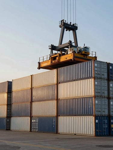 Industrial shipping yard at golden hour, side-lit shipping containers being stacked by a reach stacker, clean geometric lines, high-contrast corporate style