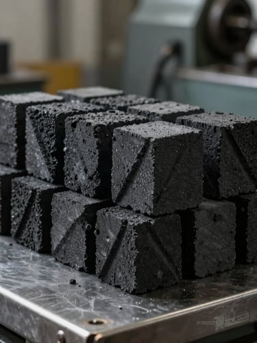 Dramatic side-lit macro shot of uniform geometric charcoal briquettes stacked on a steel factory table, industrial machinery blurred in background.